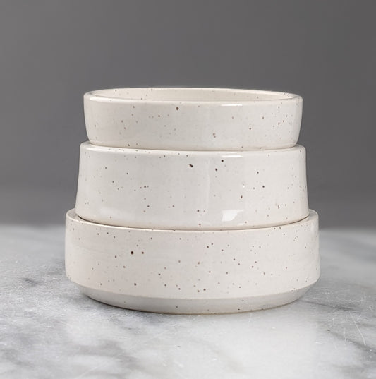 Set of Three White Speckled Dishes