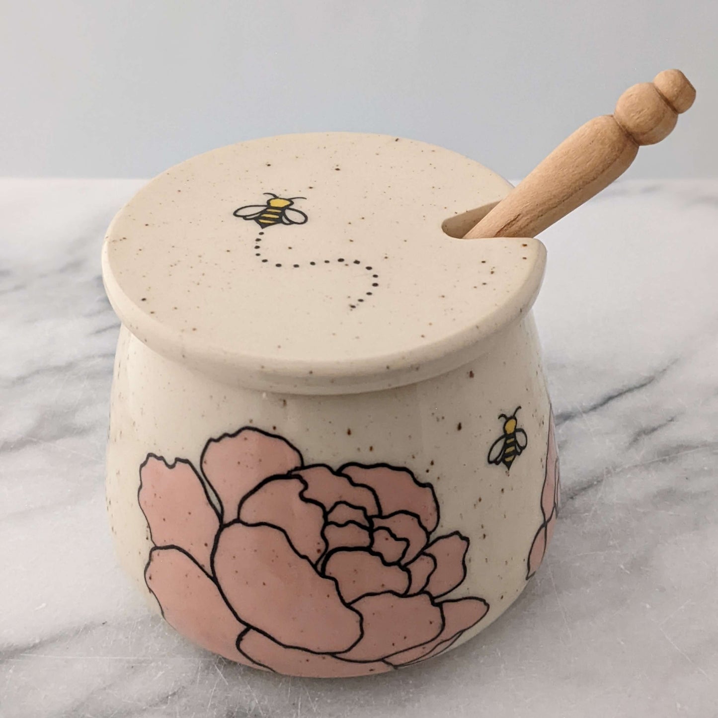 Honey Jar with Peonies & Bees