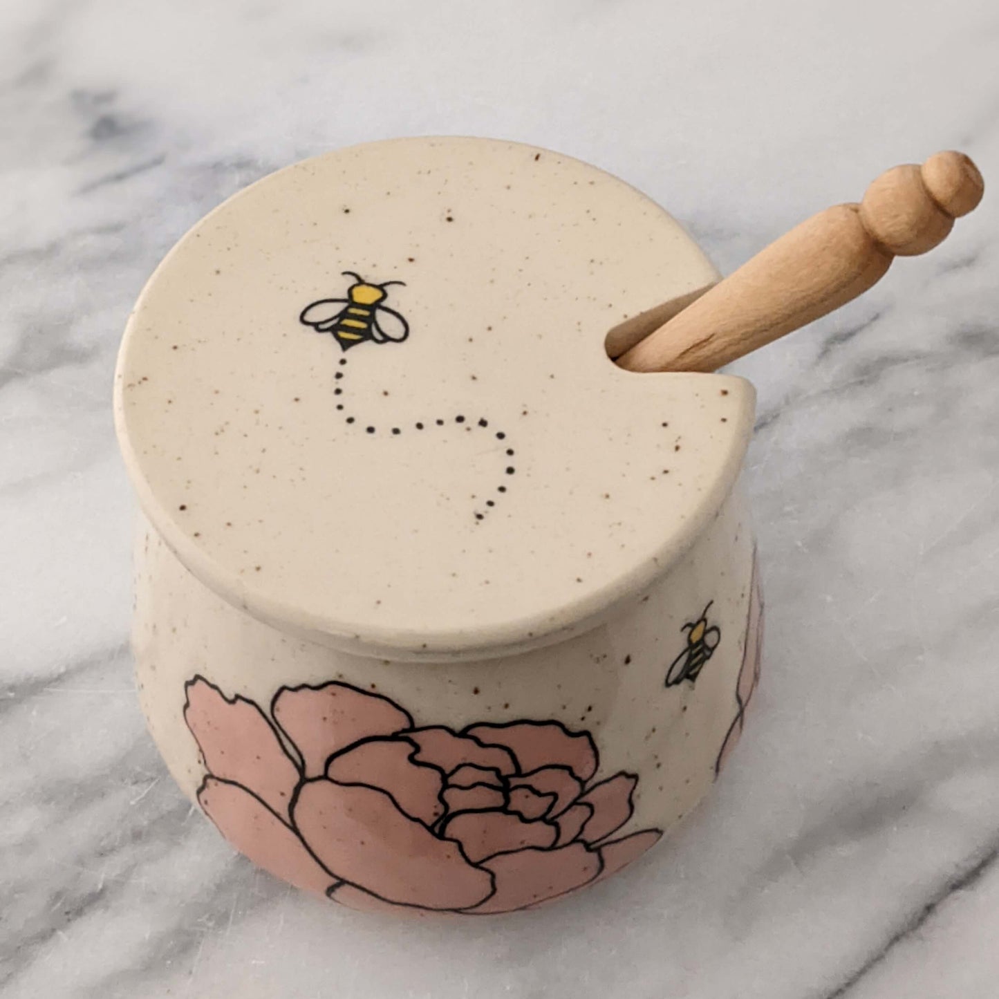 Honey Jar with Peonies & Bees