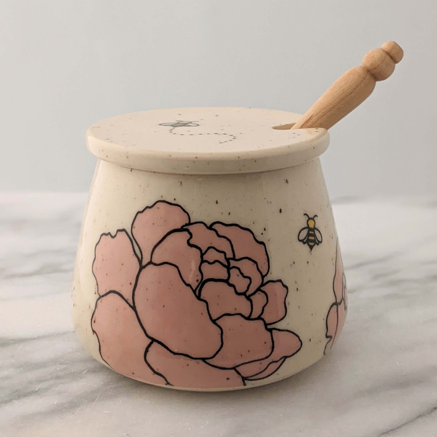 Honey Jar with Peonies & Bees