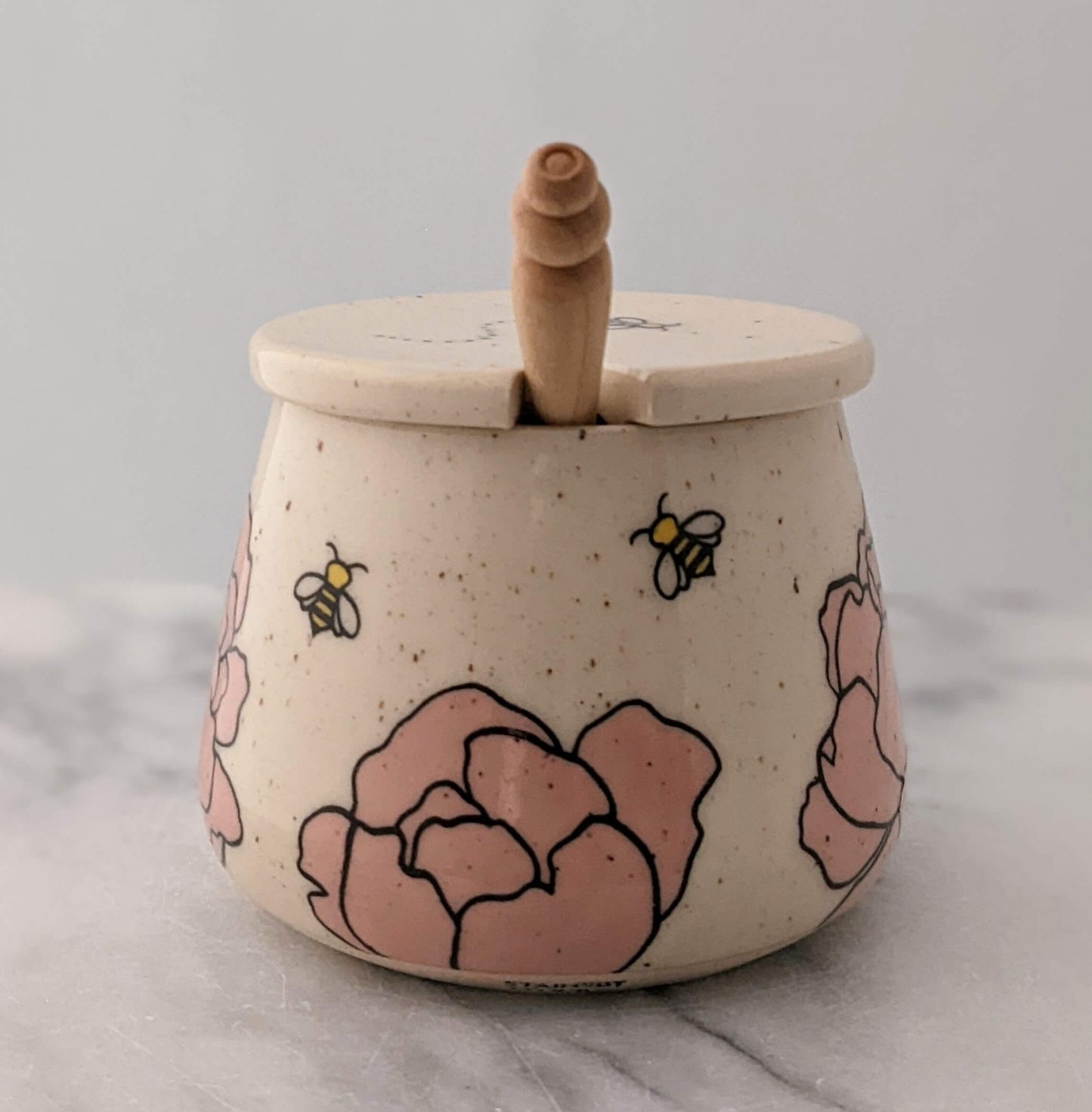 Honey Jar with Peonies & Bees