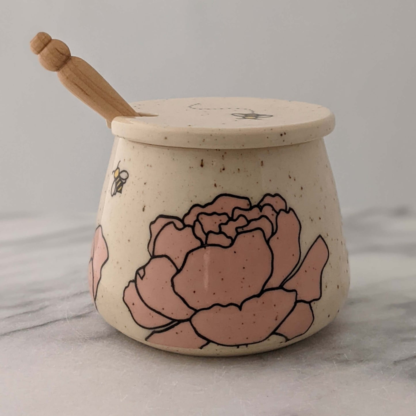 Honey Jar with Peonies & Bees