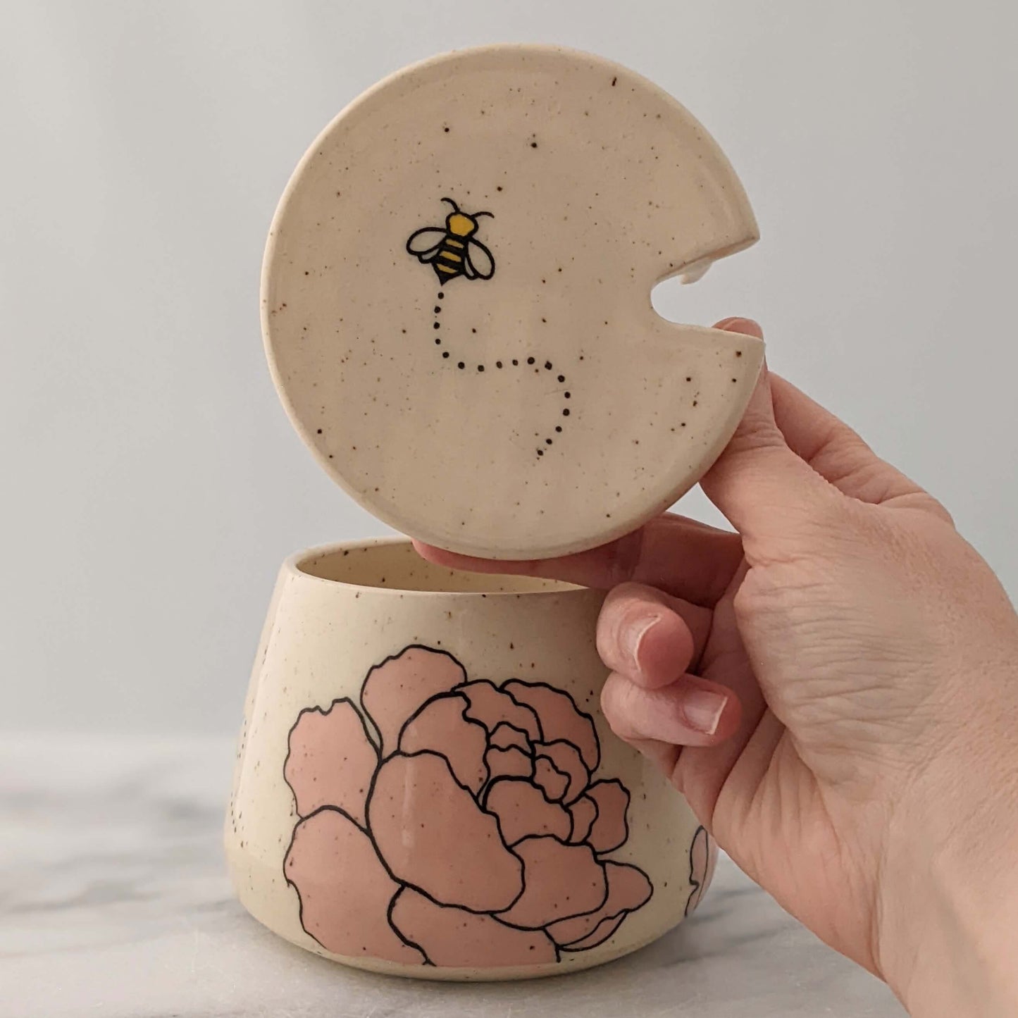 Honey Jar with Peonies & Bees