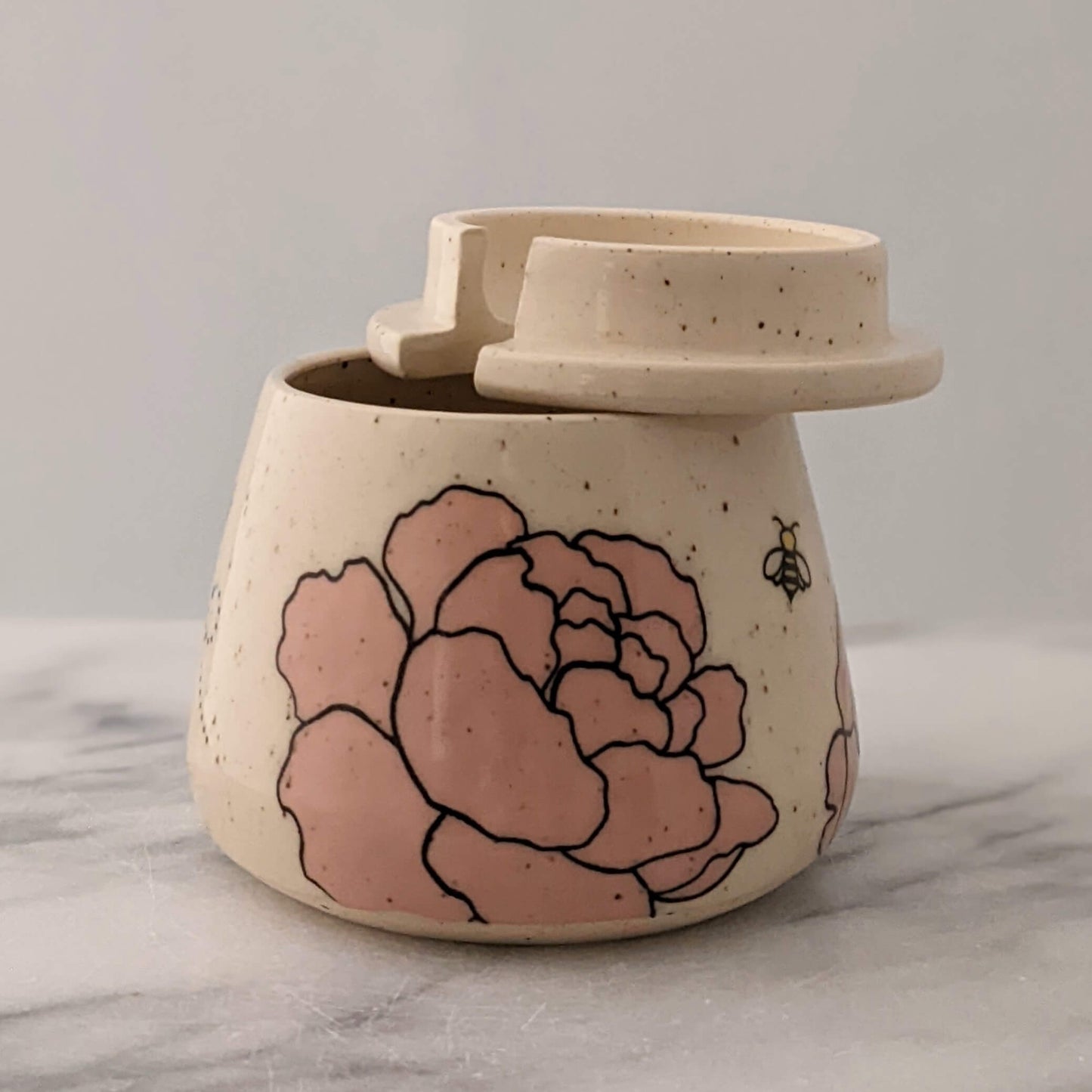 Honey Jar with Peonies & Bees