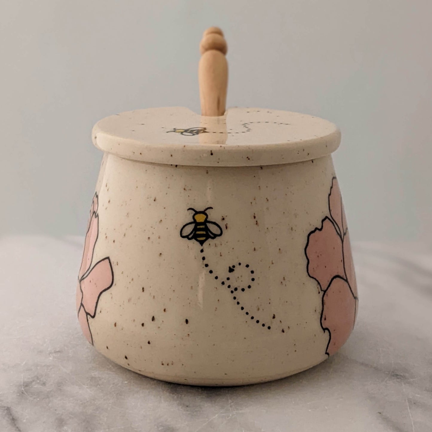 Honey Jar with Peonies & Bees